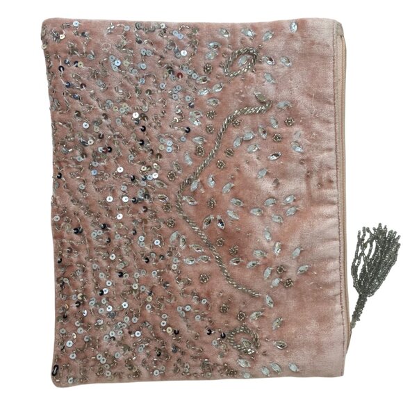 Retro Pink Velvet Sequin Embellished Clutch Evening Bag Zipper Beaded Tassel - Picture 1 of 7